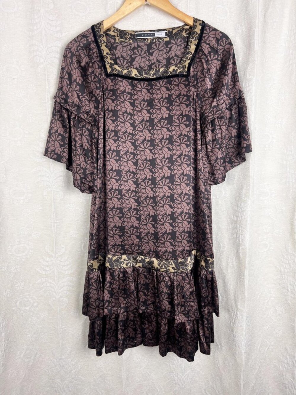 Sportmax Code silk drop waist shift brown floral dress velvet trim ruffles party